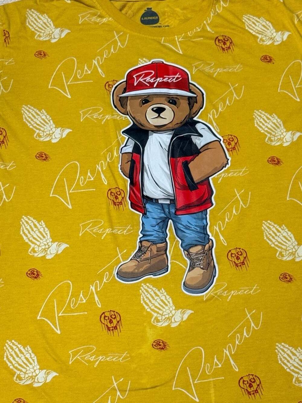 Launder Apparel Respect Yellow Graphic Bear All Over Print T-Shirt XL